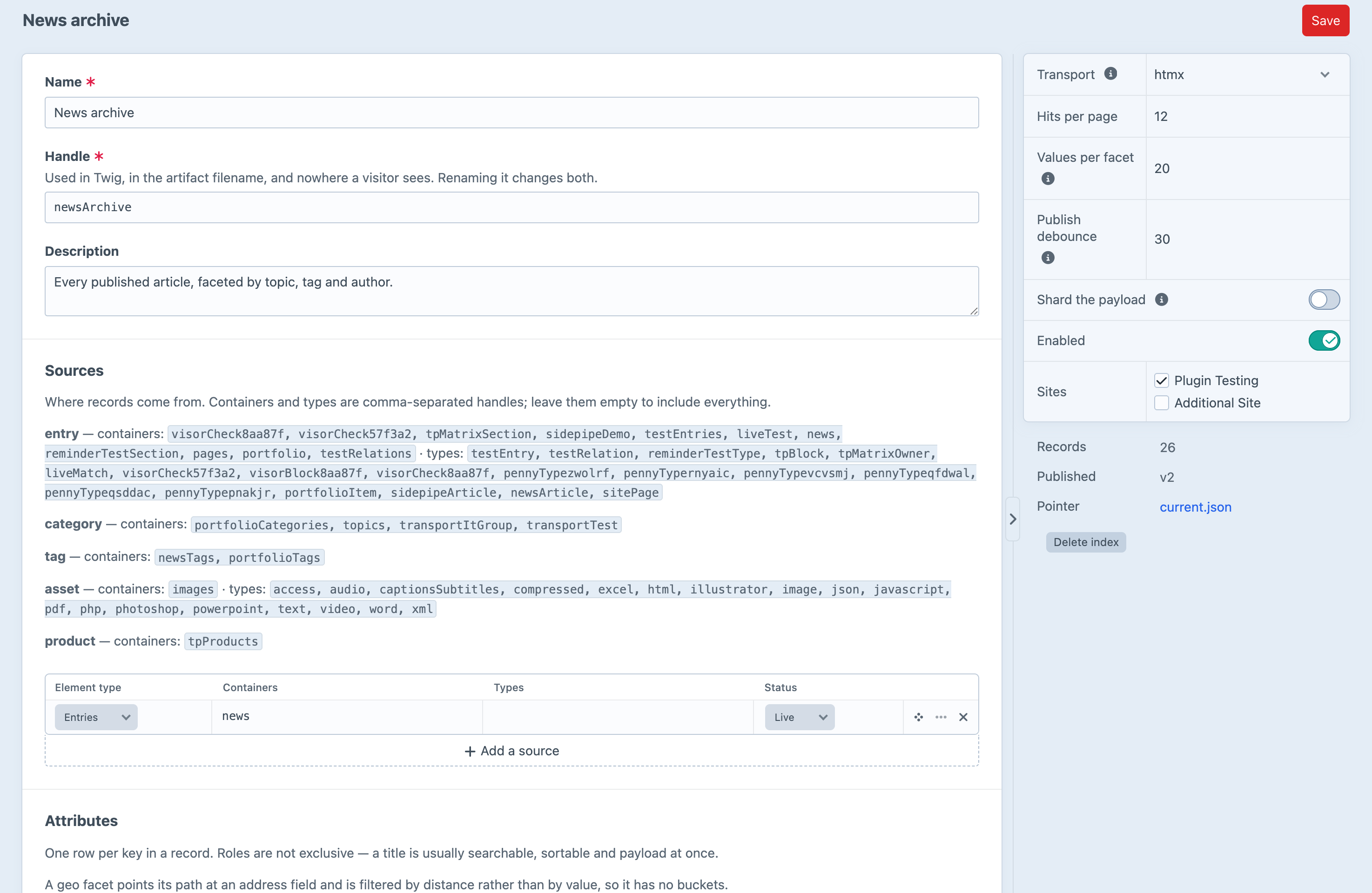 The Caffeine index editor showing a news archive index: its sources, the entry containers available on the install, transport, hits per page, values per facet and the current published artifact