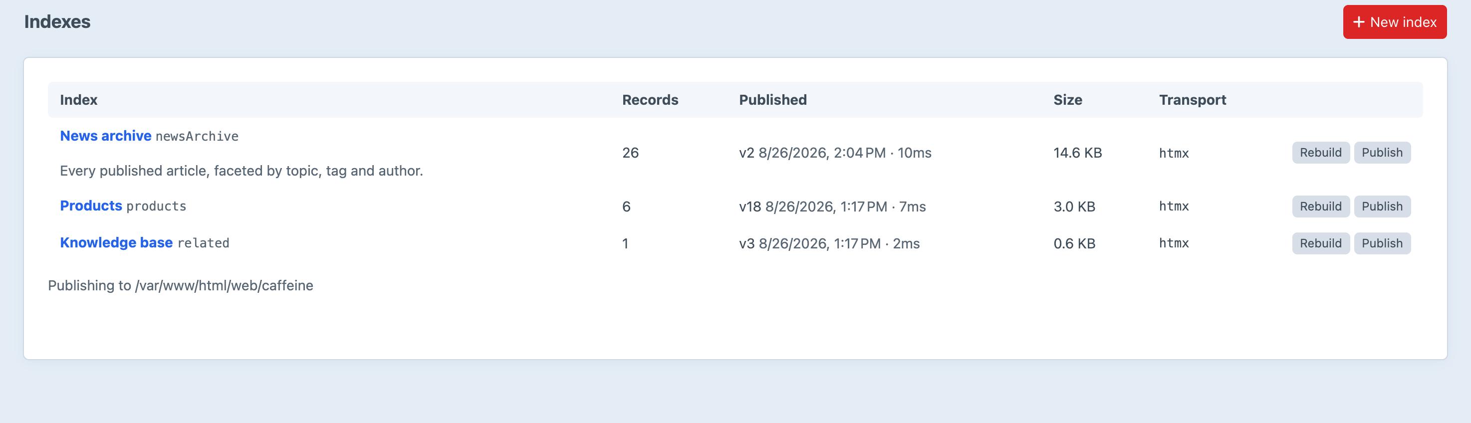 The Caffeine indexes screen in the Craft control panel, listing three indexes with their record counts, published artifact version and build time, size and transport